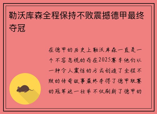 勒沃库森全程保持不败震撼德甲最终夺冠